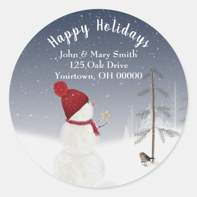 Happy Holidays snowman in snowflakes Classic Round Sticker (Front)