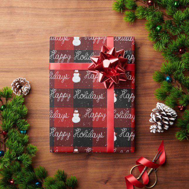 Happy Holidays Snowman On Plaid Wrapping Paper (Holiday Gift)