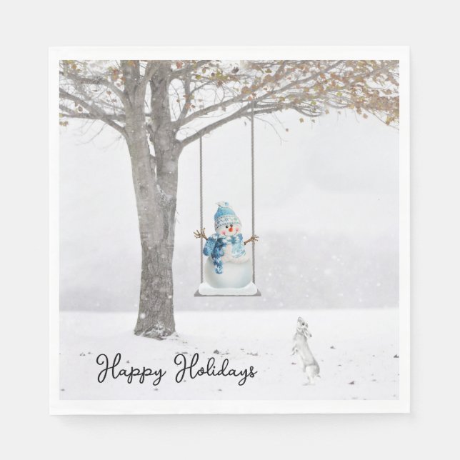 Happy Holidays Snowman On Winter Swing Napkins (Front)