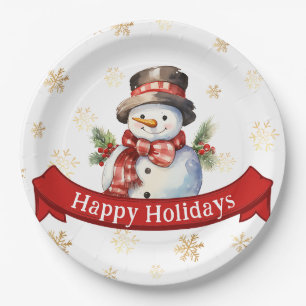 Happy Holidays Snowman Red & Gold Christmas Party Paper Plates