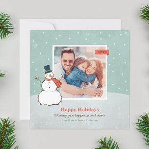 Happy Holidays Snowman Teal Photo Holiday Card