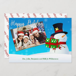 Happy Holidays Snowman With a Gift and Your Photo Holiday Card