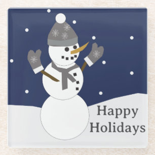 Happy Holidays Snowman with mittens Glass Coaster
