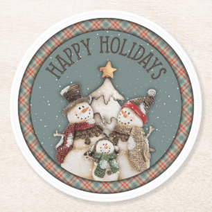 Happy Holidays Snowmen Round Paper Coaster