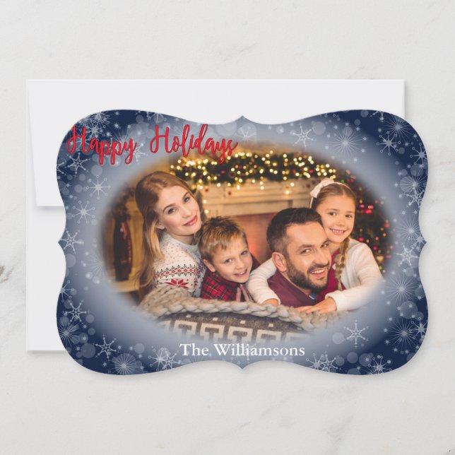 Happy Holidays Snowy Blue Photo Fancy Christmas Holiday Card (Front)
