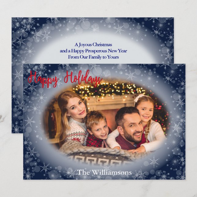 Happy Holidays Snowy Blue Photo Frame Christmas Holiday Card (Front/Back)