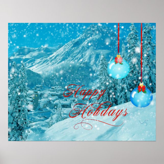 Happy Holidays Snowy Mountain Winter Village Poster (Front)