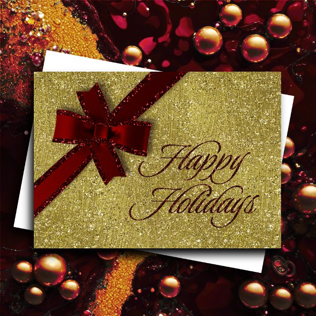 Happy Holidays Sparkly Gold w Red Glittery Bow Holiday Card (Creator Uploaded)