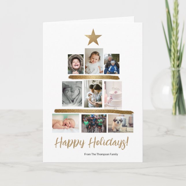 Happy Holidays Stacked custom photos Gold star Holiday Card (Front)
