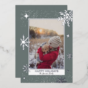 Happy holidays stars snow blue photo foil holiday card