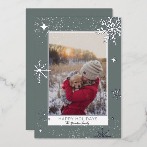 Happy holidays stars snow blue photo foil holiday card