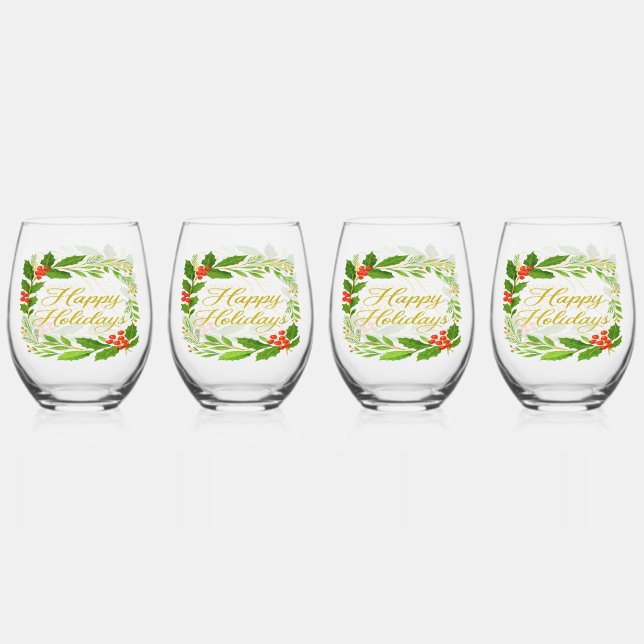 'Happy Holidays' Stemless Wine Glasses (Back)