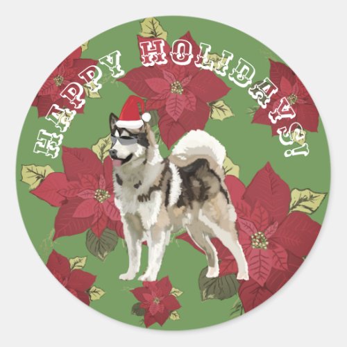 Happy Holidays Sticker Husky Flowers Classic Round Sticker