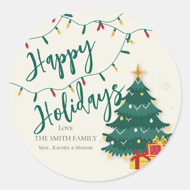 Happy Holidays String Lights Tree Cute Christmas Classic Round Sticker (Front)