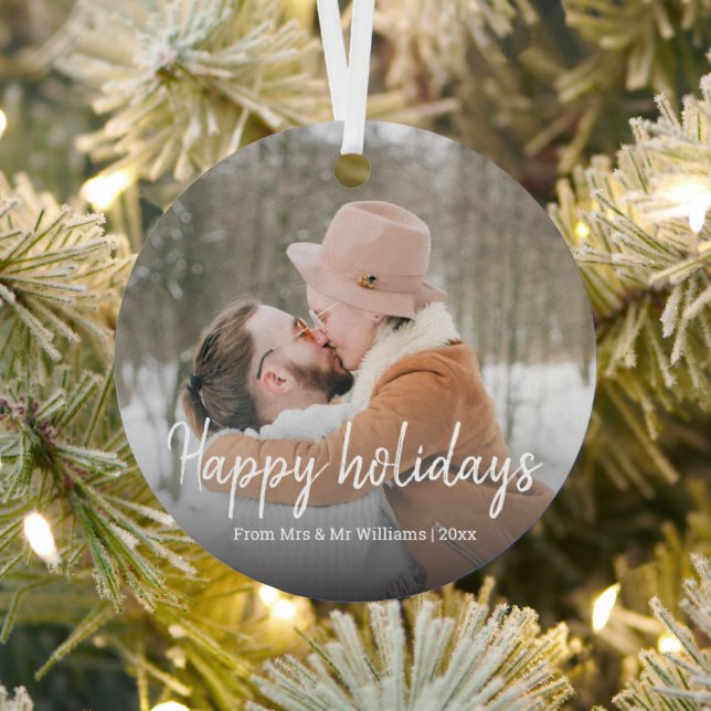 happy holidays,stylish handwriting newlyweds photo metal ornament (Insitu)
