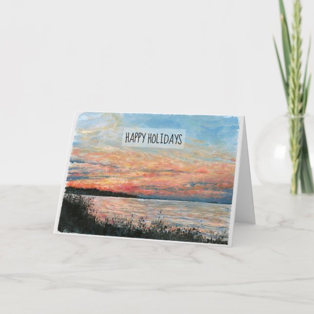 Happy Holidays Sunset Beach Shoreline Holiday Card (Front)