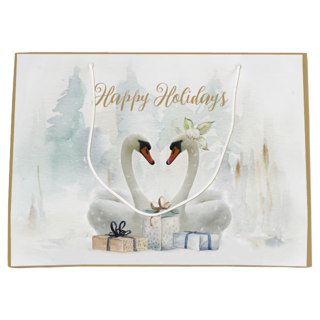 Happy Holidays Swans & Gifts Watercolor Large Gift Bag (Front)