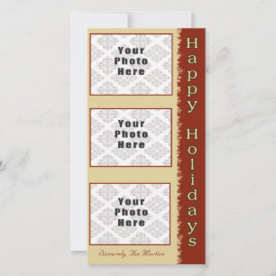 Happy Holidays Tan/Red 3 Photo 4x8 Holiday Card