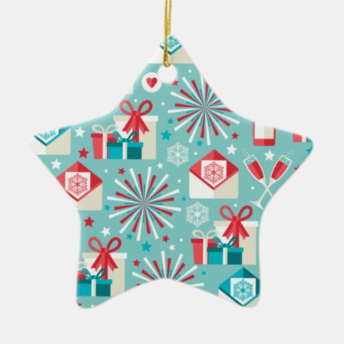 Happy Holidays Teal Blue and Red Pattern Ceramic Ornament