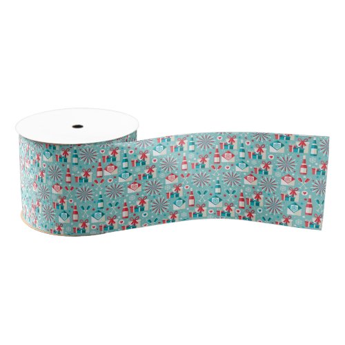 Happy Holidays Teal Blue and Red Pattern Grosgrain Ribbon