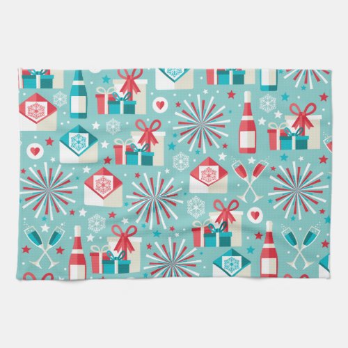 Happy Holidays Teal Blue and Red Pattern Kitchen Towel