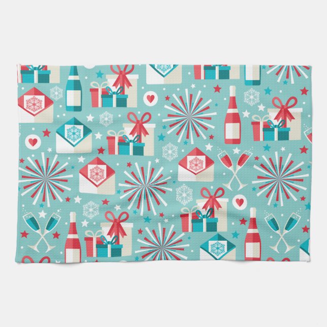 Happy Holidays Teal Blue and Red Pattern Kitchen Towel (Horizontal)