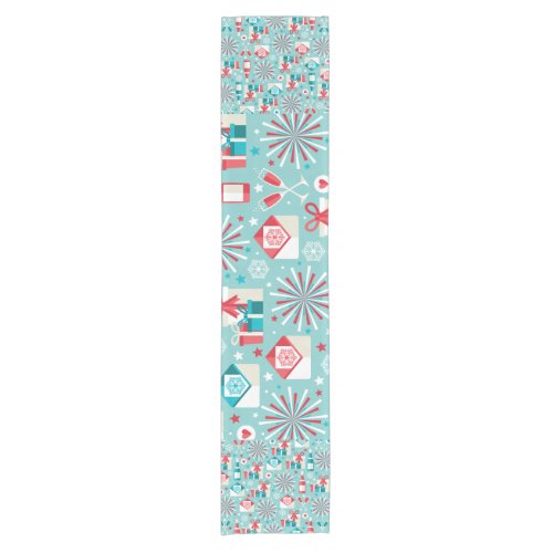 Happy Holidays Teal Blue and Red Pattern Short Table Runner