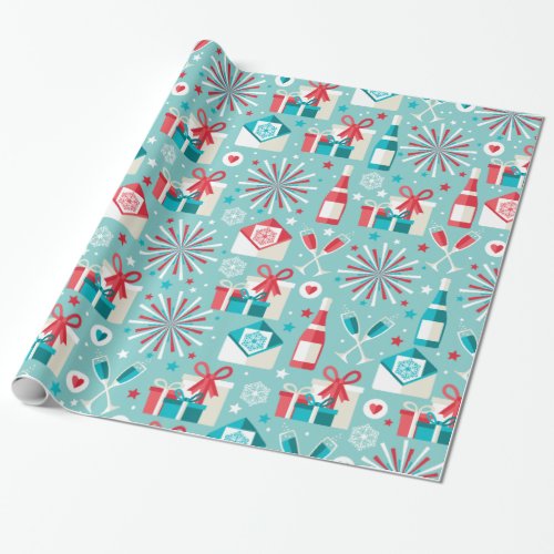 Happy Holidays Teal Blue and Red Pattern Wrapping Paper