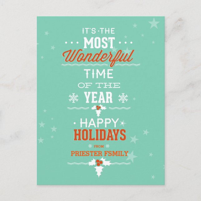 Happy Holidays Teal White & Orange Text Design Holiday Postcard (Front)