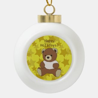 Happy Holidays Teddy Bear Ceramic Ball Christmas Ornament