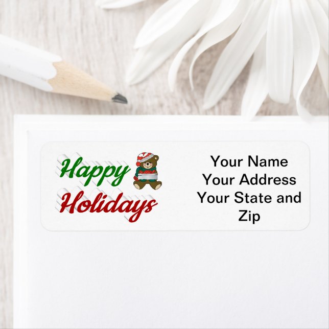 Happy Holidays Teddy Bear Christmas script Label (Insitu)