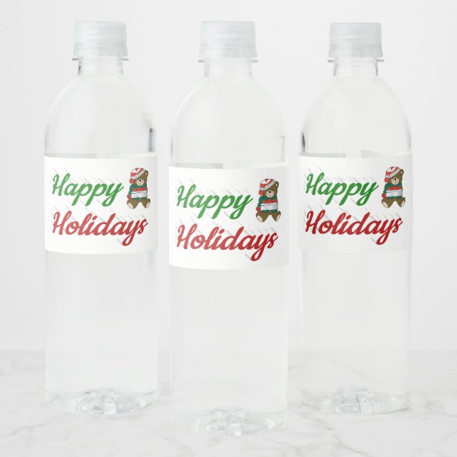 Happy Holidays Teddy Bear Christmas script Water Bottle Label (Bottles)