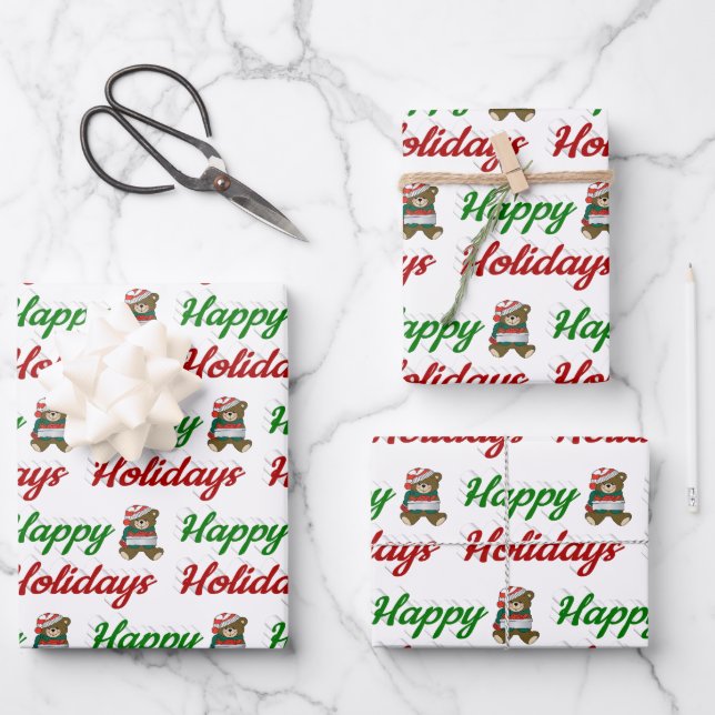 Happy Holidays Teddy Bear Christmas script Wrapping Paper Sheets (Front)