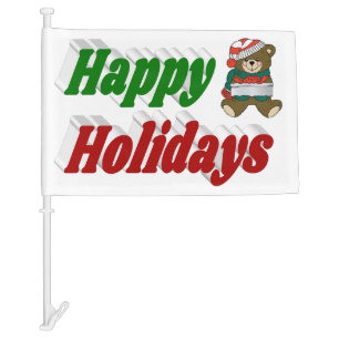 Happy Holidays Teddy Bear Christmas typography Car Flag
