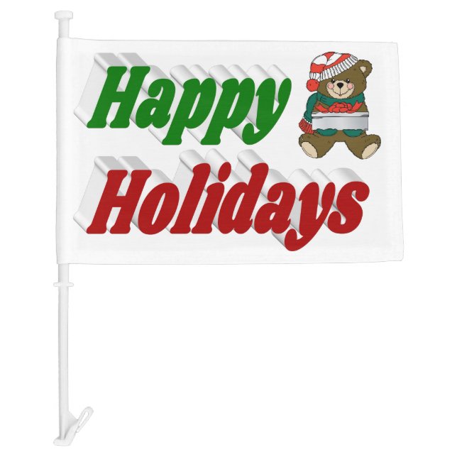 Happy Holidays Teddy Bear Christmas typography Car Flag (Front)