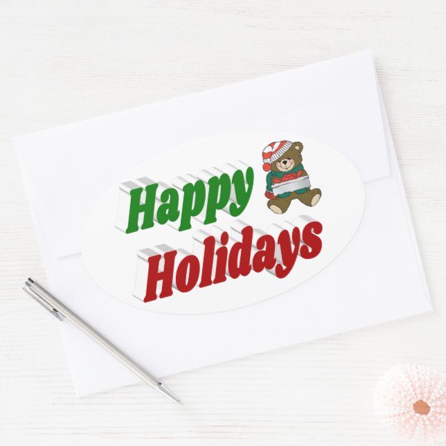 Happy Holidays Teddy Bear Christmas typography Oval Sticker (Envelope)