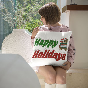 Happy Holidays Teddy Bear Christmas typography Throw Pillow
