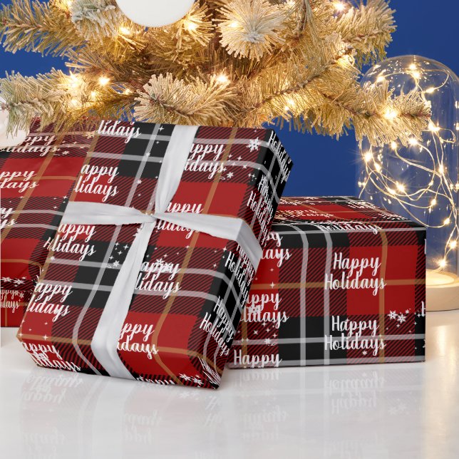 Happy Holidays Text In Snowflakes On Plaid Wrapping Paper (Holidays)