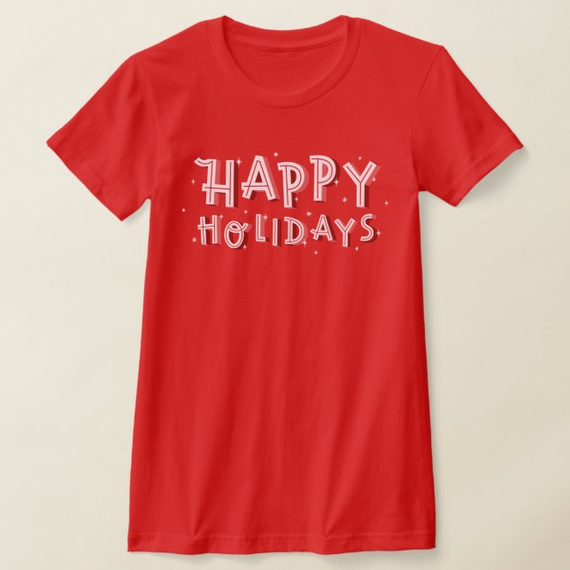 Happy Holidays text white on red T-Shirt (Laydown)