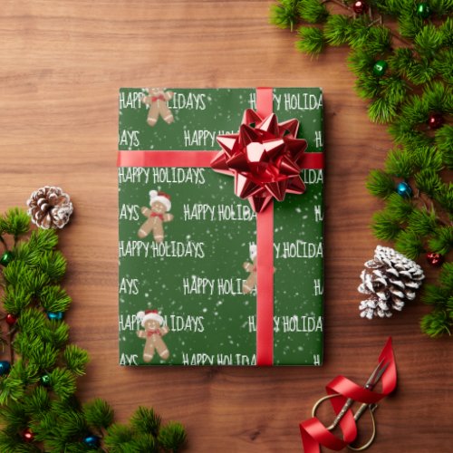 HAPPY HOLIDAYS Text With Gingerbread Man   Wrapping Paper