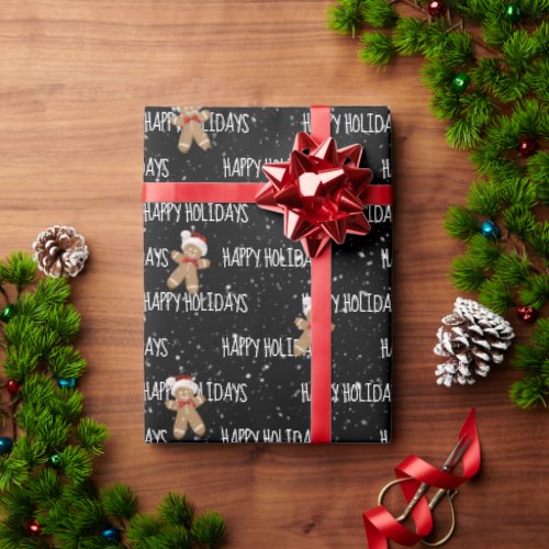 HAPPY HOLIDAYS Text With Gingerbread Man  Wrapping Paper