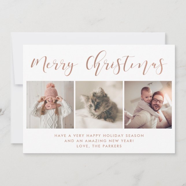 Happy Holidays | Three Photo Rose Gold Calligraphy Holiday Card (Front)