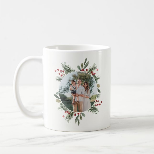 Happy Holidays to Mom Holly Berries Family Photo Coffee Mug (Left)