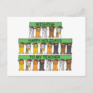 Happy Holidays to Teacher Cartoon Cats Holiday Postcard