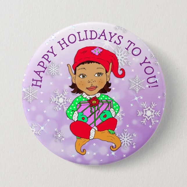 Happy Holidays to You Girl Elf and Snowflakes Button (Front)