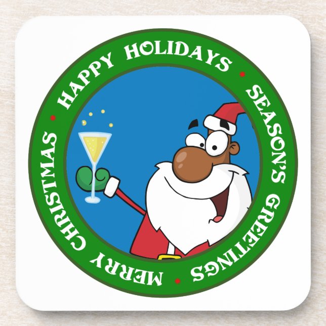 Happy Holidays Toast from Black Santa Beverage Coaster (Front)
