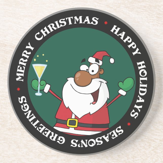 Happy Holidays Toast from Black Santa Sandstone Coaster (Front)