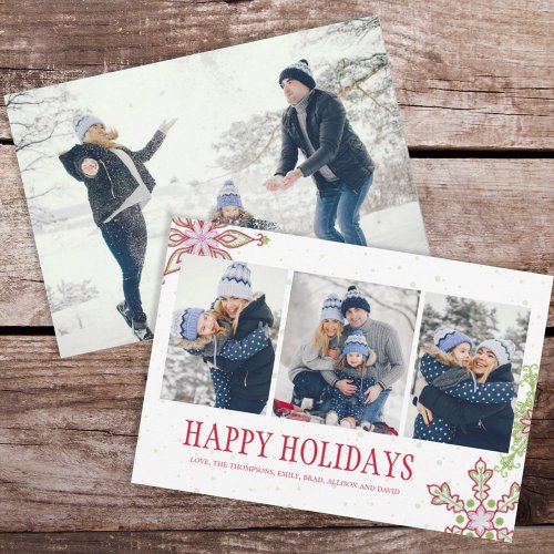 Happy Holidays Traditional Custom Photo Snowflakes Holiday Card