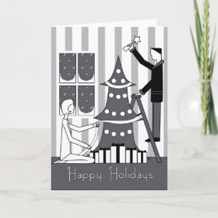 "Happy Holidays" tree decorating Holiday Card