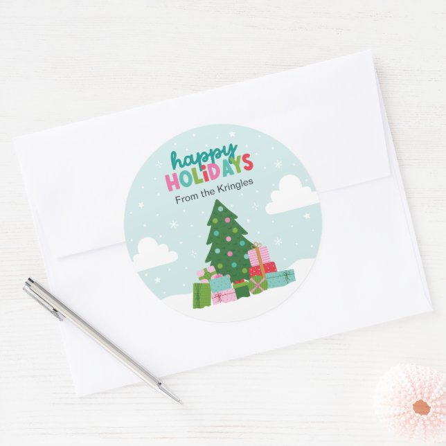 Happy Holidays Tree with Gifts in Aqua Blue Classic Round Sticker (Envelope)